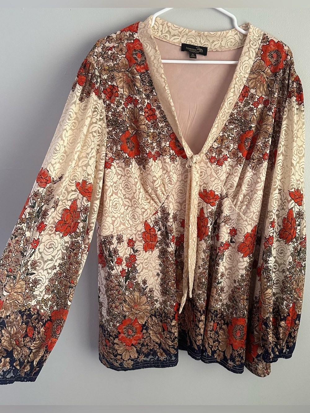 4X Suzanne Betro long sleeve floral top signature by Minnie Y blouse deep v neck